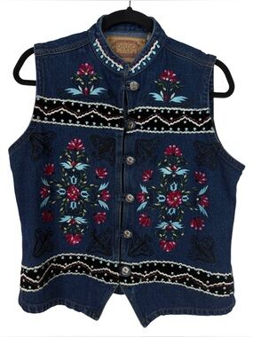 Vintage Gordon James Denim Vest Western Embroidered Rodeo Size Medium